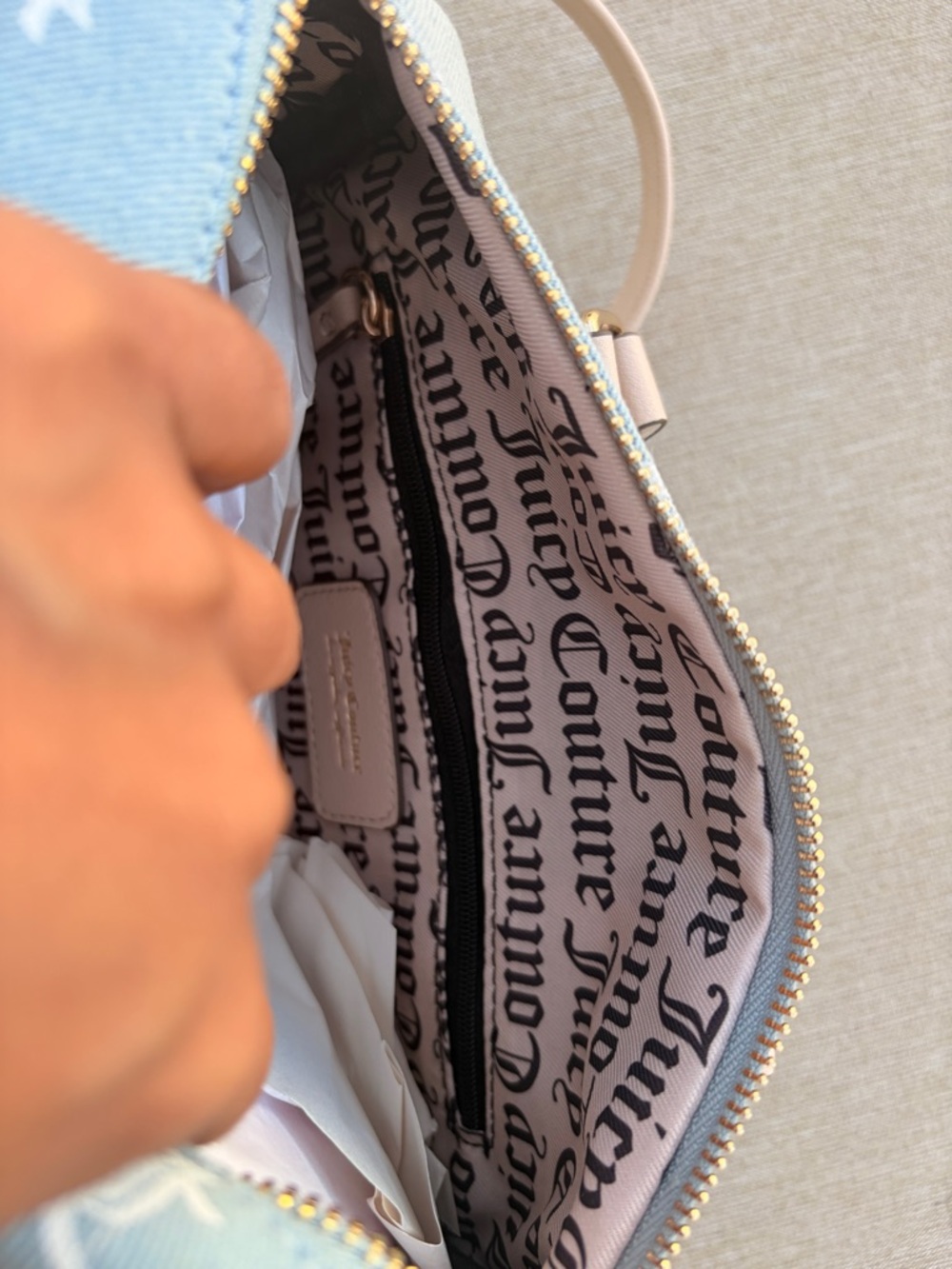 Juicy Couture Denim/ Light Blue Logo Satchel with Strawberry Charm - Picture 10 of 10